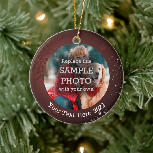 Snowflake White Stars 2 Foto Bourgogne Aangepaste  Keramisch Ornament (Boom)