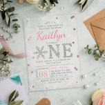 Snowflake Winter 1e verjaardag Acryl Uitnodigingen<br><div class="desc">Vier in stijl met deze trendy uitnodigingen voor de eerste verjaardag. Het ontwerp is gemakkelijk te personaliseren met uw eigen foto en speciale evenement formulering en uw gasten zullen blij zijn wanneer ze deze fantastische uitnodigingen ontvangen.</div>