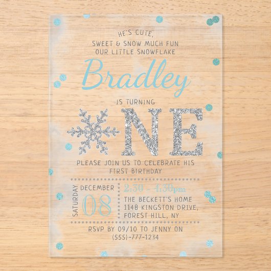 Snowflake Winter 1e verjaardag Acryl Uitnodigingen (Voorkant)