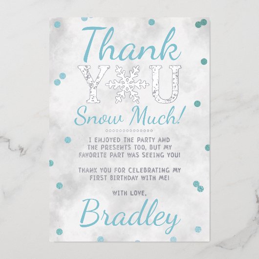 Snowflake Winter 1e verjaardag Dank u Folie kaarte Folie Uitnodiging (Voorkant)