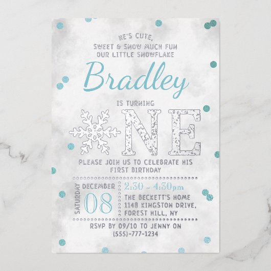Snowflake Winter 1e verjaardag Echte Folie Uitnodiging (Voorkant)