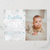 Snowflake Winter 1e verjaardag Foto echt Folie Uitnodiging (Voorkant)