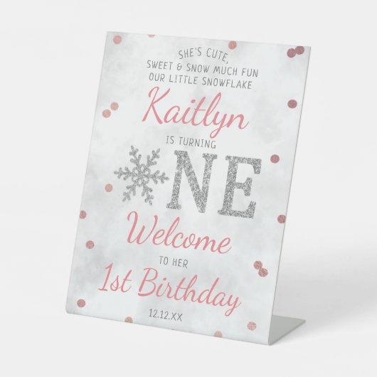 Snowflake Winter 1e verjaardag Reclamebord Met Voetstuk (Voorkant)