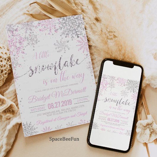 Snowflake Winter Baby shower Girl Informatiekaartje