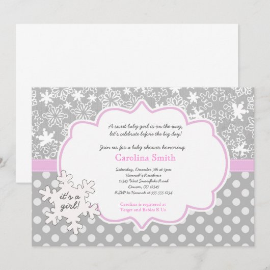 Snowflake Winter Baby shower Girl-uitnodigingen Kaart (Voorkant / Achterkant)