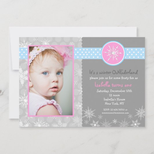 Snowflake Winter Birthday Party Invitations Foto Kaart (Voorkant)