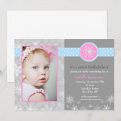 Snowflake Winter Birthday Party Invitations Foto Kaart (Voorkant / Achterkant)