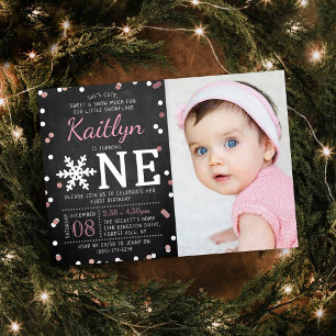 Snowflake Winter Chalkboard 1st Birthday Foto Folie Uitnodiging