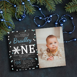 Snowflake Winter Chalkboard 1st Birthday Foto Folie Uitnodiging