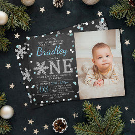 Snowflake Winter Chalkboard 1st Birthday Foto Kaart