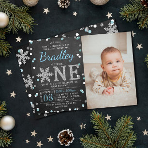 Snowflake Winter Chalkboard 1st Birthday Foto Kaart
