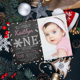 Snowflake Winter Chalkboard 1st Birthday Foto Kaart