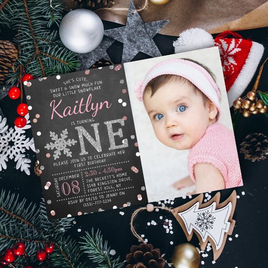 Snowflake Winter Chalkboard 1st Birthday Foto Kaart