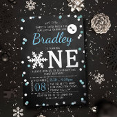 Snowflake Winter Chalkboard 1st Birthday Real Folie Uitnodiging