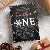 Snowflake Winter Chalkboard 1st Birthday Real Folie Uitnodiging