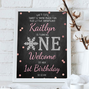 Snowflake Winter Chalkboard 1st Birthday Welkom Poster
