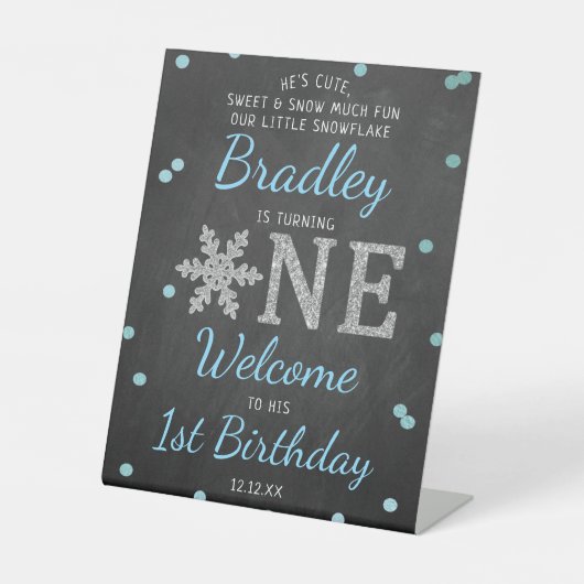 Snowflake Winter Chalkboard 1st Birthday Welkom Reclamebord Met Voetstuk (Voorkant)