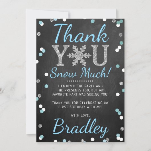 Snowflake Winter Chalkboard 1ste verjaardag Bedankkaart (Voorkant)