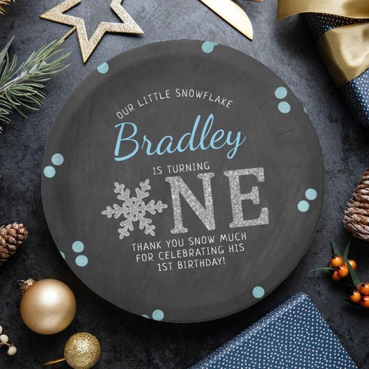 Snowflake Winter Chalkboard 1ste verjaardag Papieren Bordje