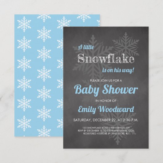Snowflake Winter Chalkboard Blue Boys Baby shower Kaart (Voorkant / Achterkant)