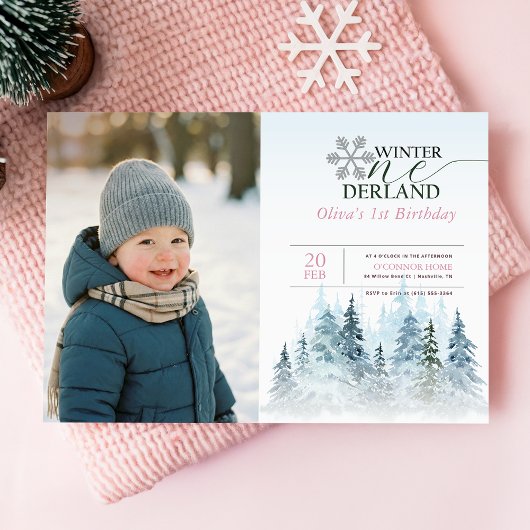 Snowflake Winter Onederland 1st Birthday Kid Photo Kaart