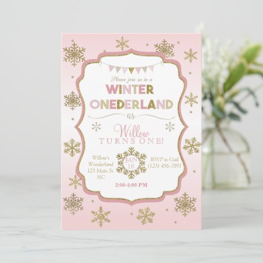 Snowflake Winter Onederland Birthday Uitnodiging (Staand voorkant)