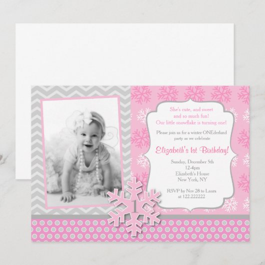 Snowflake Winter Onederland Birthday Uitnodiging (Voorkant / Achterkant)