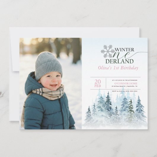 Snowflake Winter Onederland Kid Photo 1st Birthday Kaart (Voorkant)