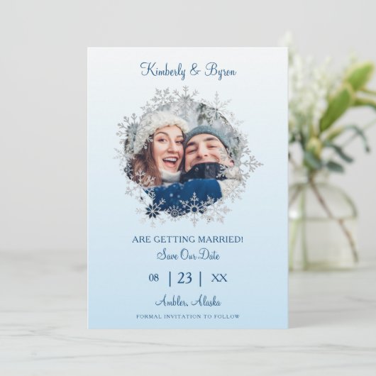 Snowflake Winter Themed for Wedding Romantic Photo Save The Date (Staand voorkant)