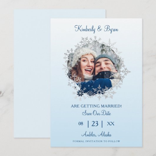 Snowflake Winter Themed for Wedding Romantic Photo Save The Date (Voorkant / Achterkant)