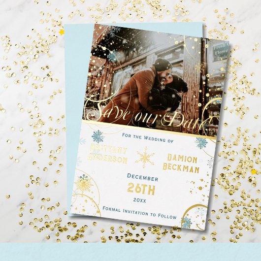 Snowflake Winter Wonderland Wedding Save the Date Folie Uitnodiging