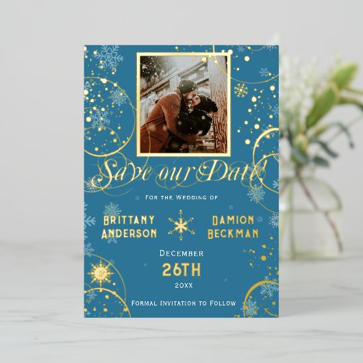 Snowflake Winter Wonderland Wedding Save the Date Folie Uitnodiging (Staand Voorkant)
