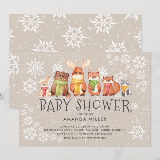 Snowflake Woodland Animals Baby shower Uitnodiging (Voorkant / Achterkant)