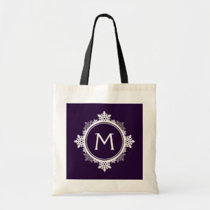Snowflake Wreath Monogram in donker Paars en wit Tote Bag