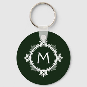 Snowflake Wreath Monogram in donkergroen en wit Sleutelhanger