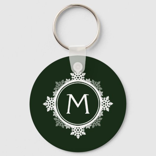 Snowflake Wreath Monogram in donkergroen en wit Sleutelhanger (Voorkant)