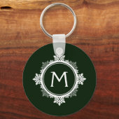Snowflake Wreath Monogram in donkergroen en wit Sleutelhanger (Voorkant)