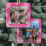 Snowflakes 2 familiefoto gepersonaliseerd roze wit keramisch ornament<br><div class="desc">Rustieke elegante winter hot roze en witte plaid familie keepsake tree ornament sjabloon met sprankelende sneeuwvlokken lijst.                       Eenvoudig te personaliseren met je 2 foto’s,  tekstscript,  familienaam en jaar!</div>
