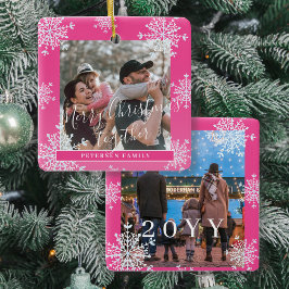 Snowflakes 2 familiefoto gepersonaliseerd roze wit keramisch ornament