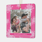 Snowflakes 2 familiefoto gepersonaliseerd roze wit keramisch ornament (Links)
