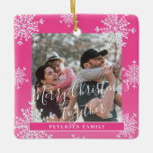 Snowflakes 2 familiefoto gepersonaliseerd roze wit keramisch ornament (Voorkant)