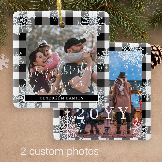 Snowflakes 2 familiefoto gepersonaliseerde buffel keramisch ornament