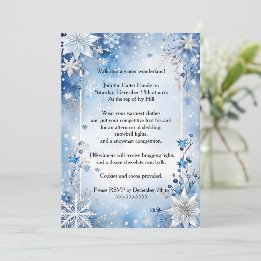 Snowflakes and Flowers Christmas Party Kaart (Staand voorkant)