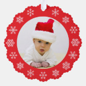 Snowflakes Baby Photo My First Christmas Red White Ornament Kaart (Achterkant)