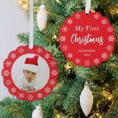 Snowflakes Baby Photo My First Christmas Red White Ornament Kaart