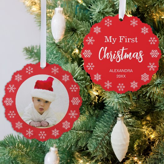 Snowflakes Baby Photo My First Christmas Red White Ornament Kaart