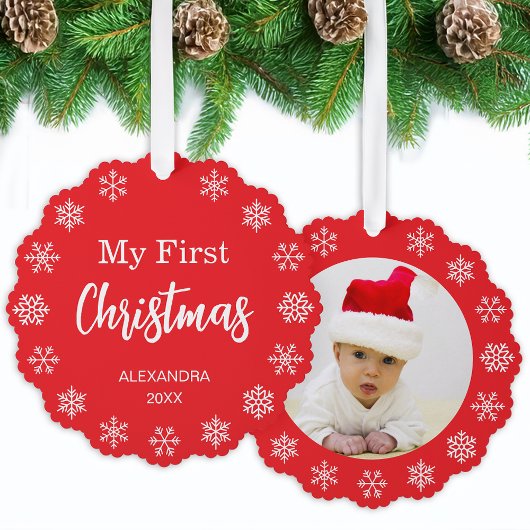 Snowflakes Baby Photo My First Christmas Red White Ornament Kaart