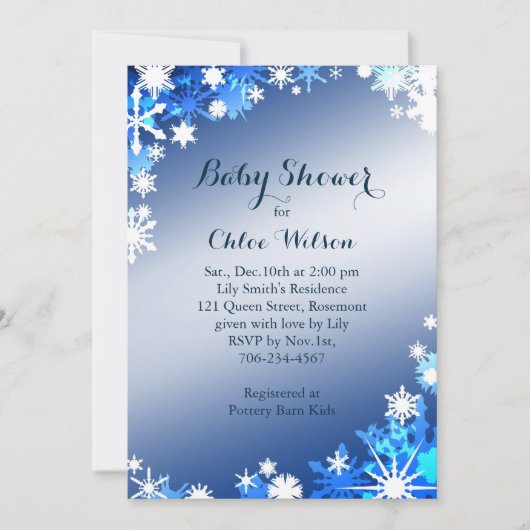 Snowflakes Baby shower Uitnodiging in Blauw (Voorkant)
