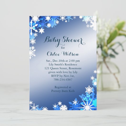 Snowflakes Baby shower Uitnodiging in Blauw (Staand voorkant)