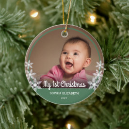 Snowflakes Baby's eerste kerstfoto Groen Keramisch Ornament